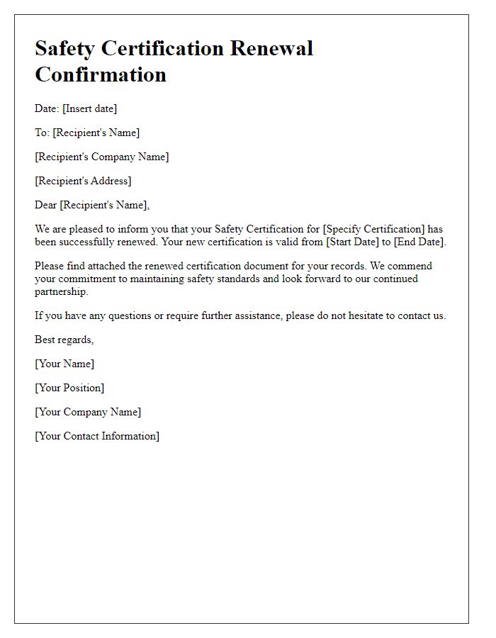 Letter template of Safety Certification Renewal Confirmation