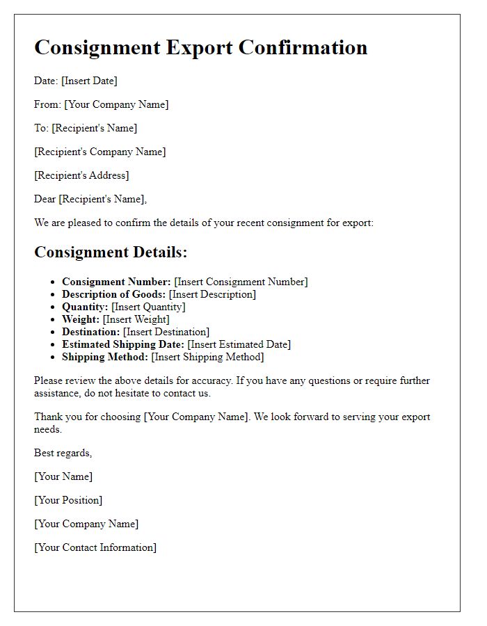 Letter template of confirmation for consignment export details