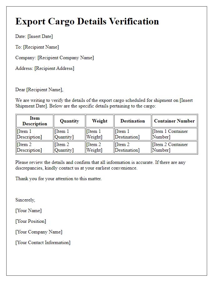 Letter template of export cargo details verification