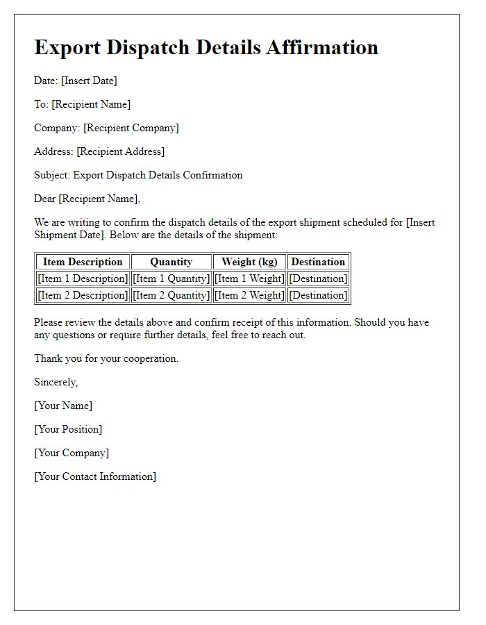 Letter template of export dispatch details affirmation