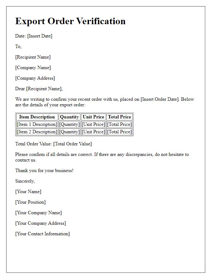 Letter template of export order verification