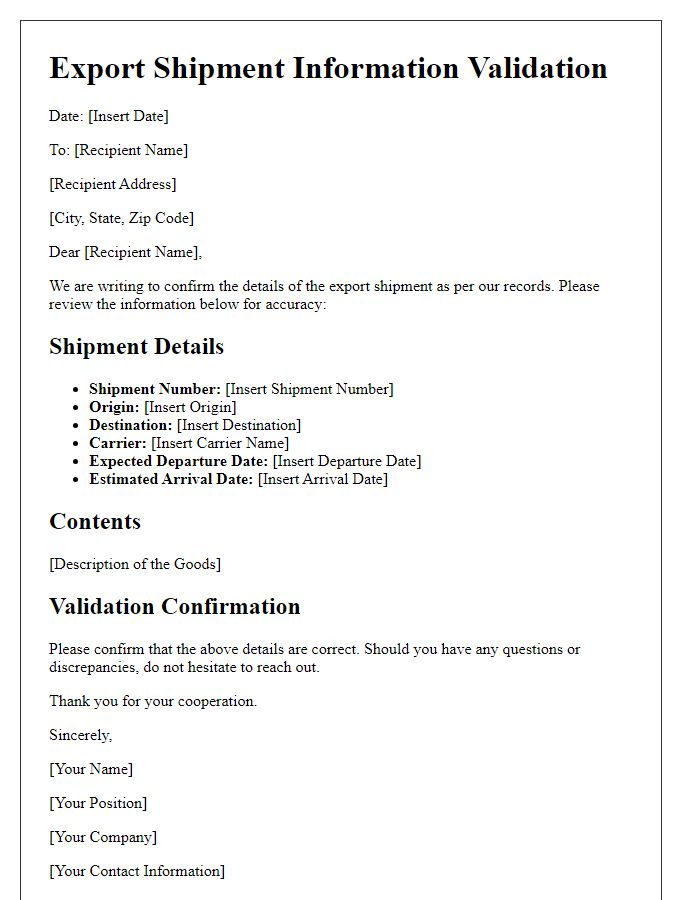 Letter template of export shipment information validation