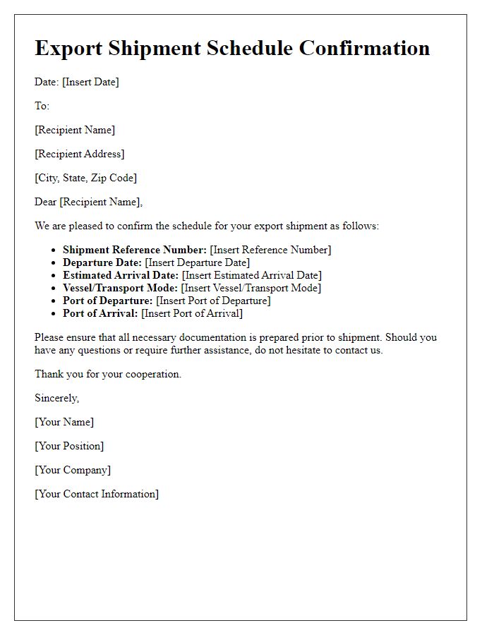 Letter template of export shipment schedule confirmation