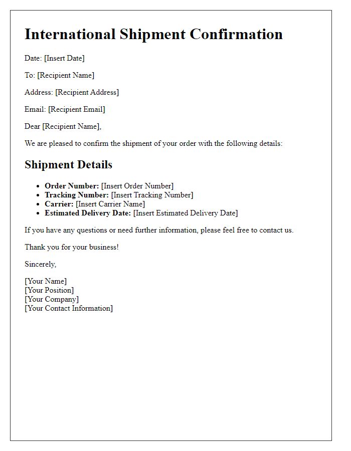 Letter template of international shipment confirmation