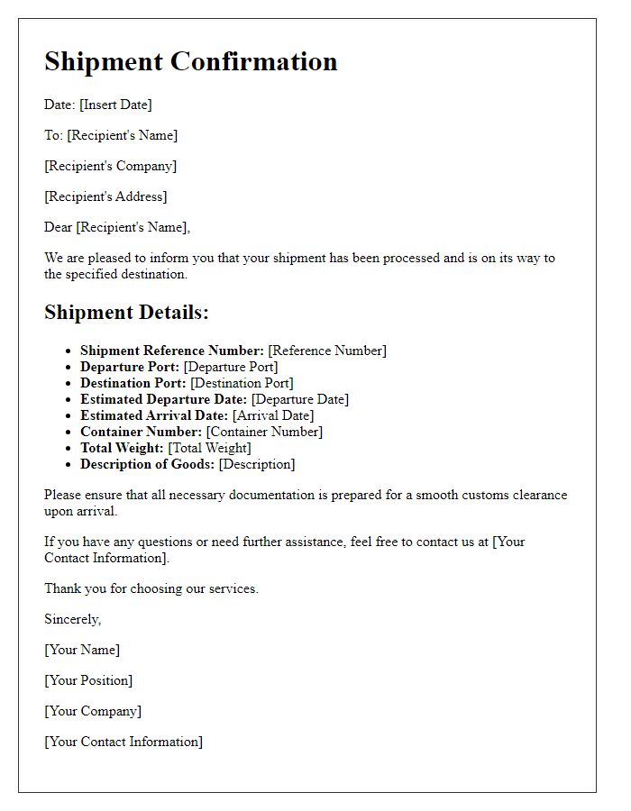 Letter template of shipment confirmation for export logistics