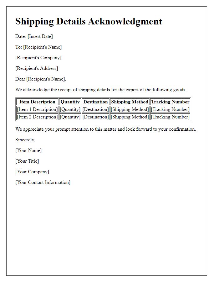 Letter template of shipping details acknowledgment for export