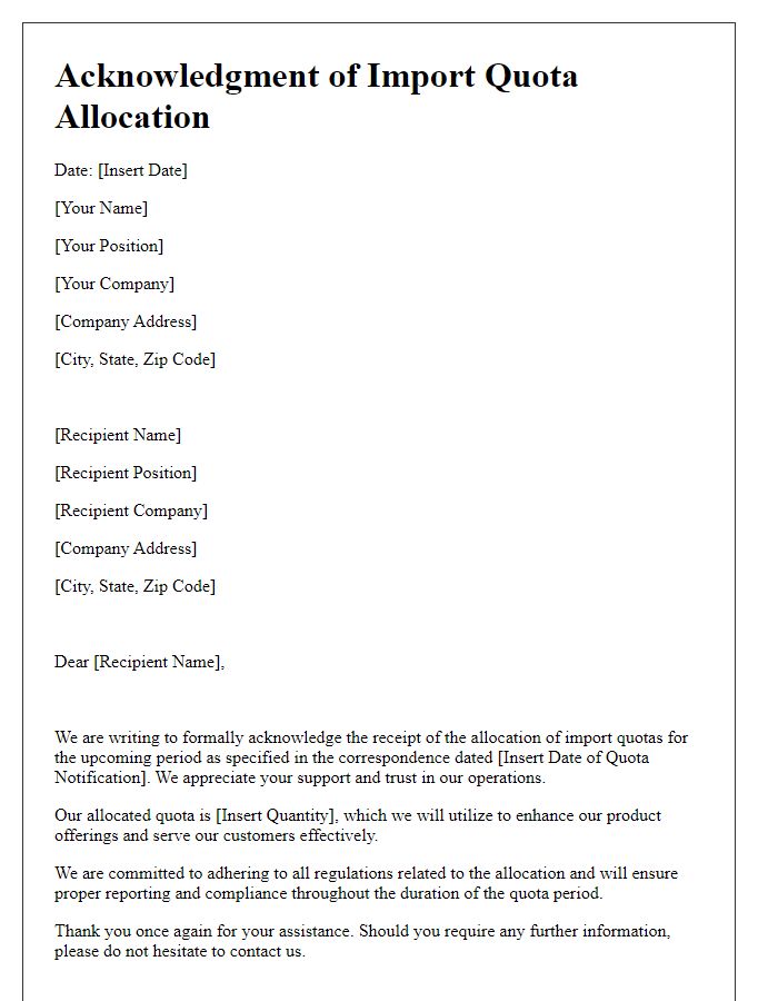 Letter template of Acknowledgment for Import Quota Allocation