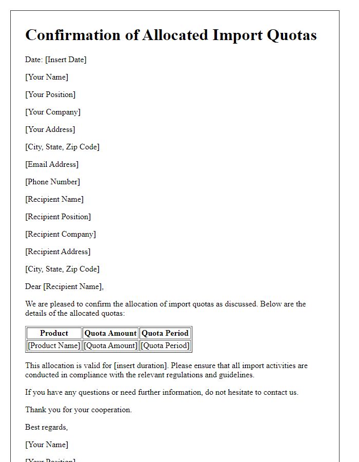 Letter template of Confirmation for Allocated Import Quotas