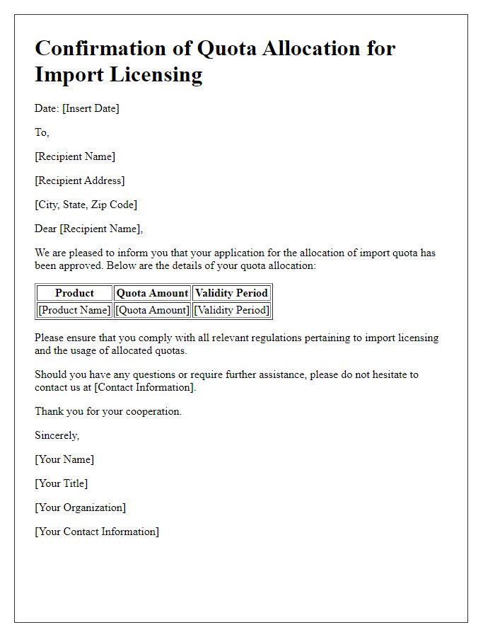 Letter template of Confirmation of Quota Allocation for Import Licensing