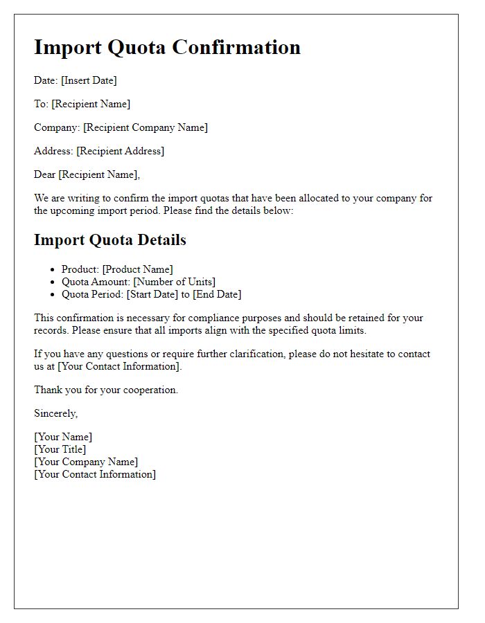 Letter template of Import Quota Confirmation for Compliance Purposes