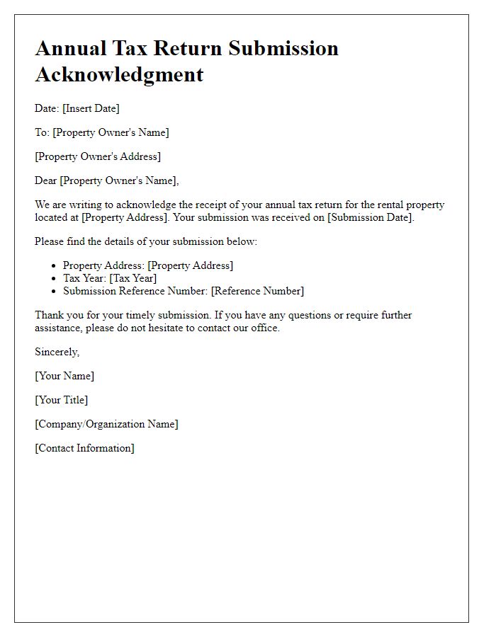 Letter template of annual tax return submission acknowledgment for rental property owners