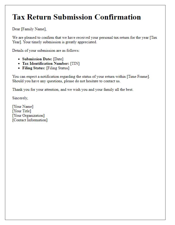Letter template of personal tax return submission confirmation for families