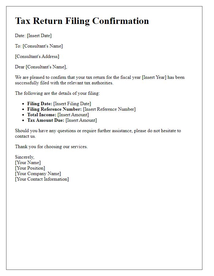 Letter template of tax return filing confirmation for consultants