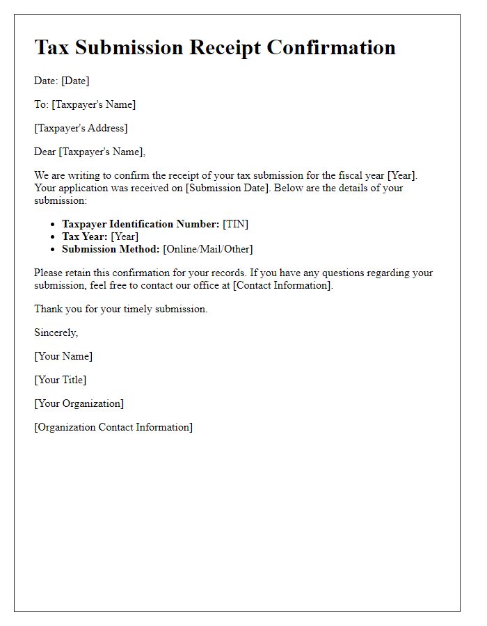 Letter template of tax submission receipt confirmation for international taxpayers