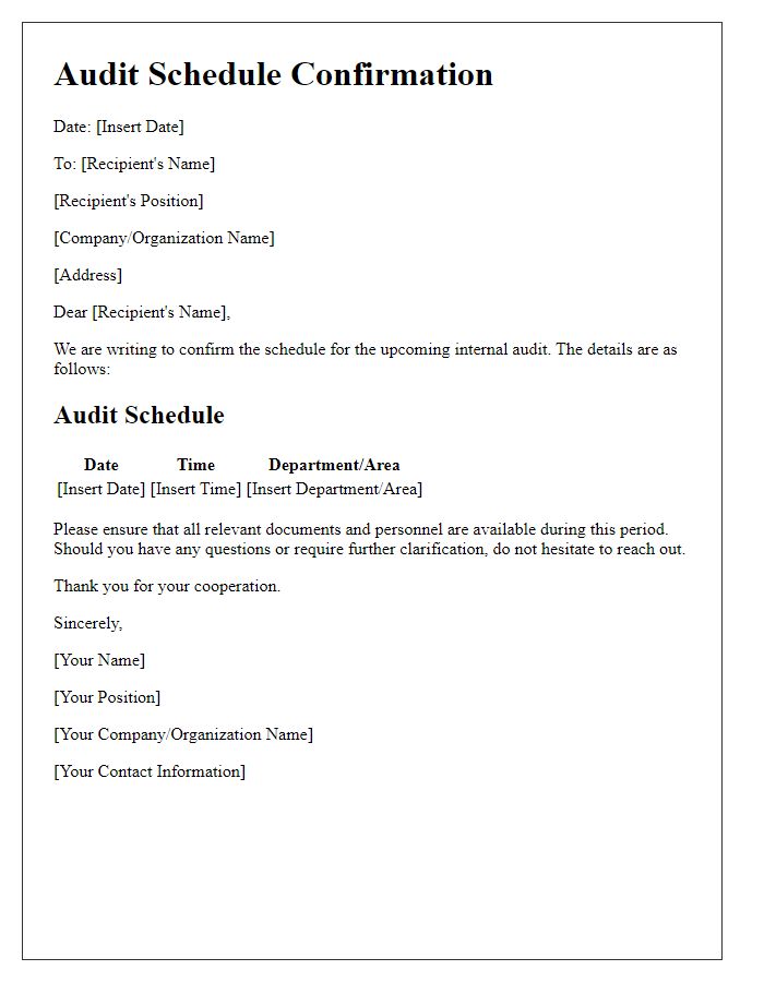 Letter template of audit schedule confirmation for internal review.