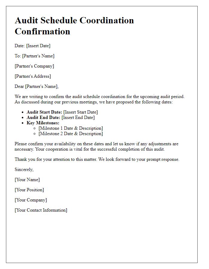 Letter template of audit schedule coordination confirmation with partners.