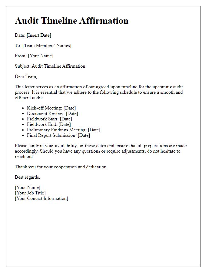 Letter template of audit timeline affirmation for team members.