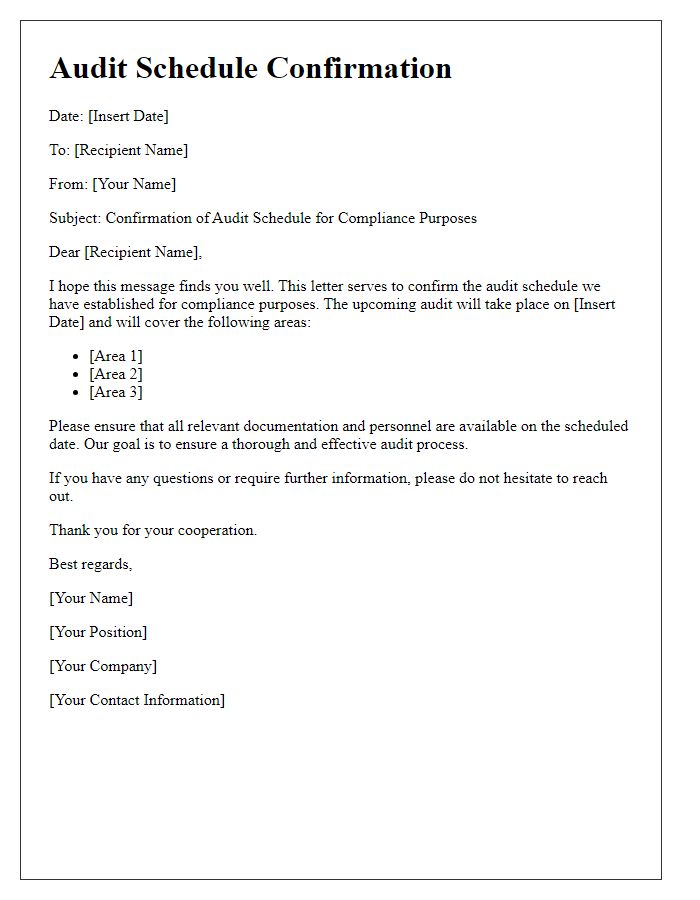 Letter template of ensuring audit schedule for compliance purposes.