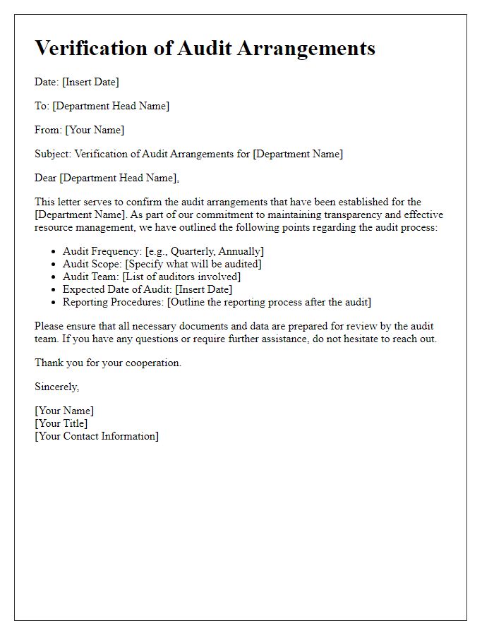 Letter template of verification of audit arrangements for department heads.