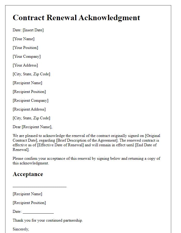 Letter template of contract renewal acknowledgment for agreement