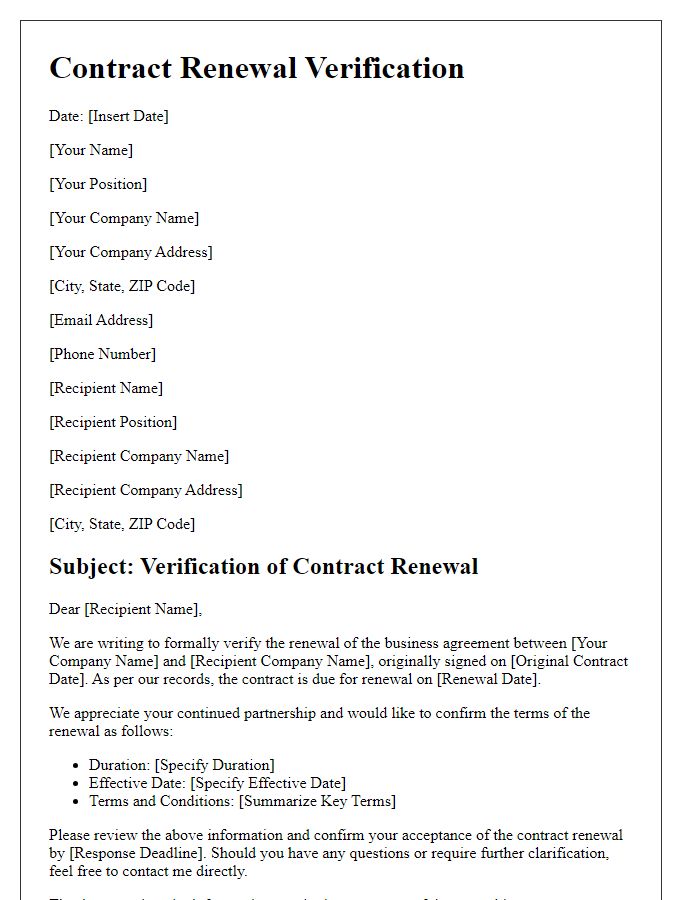 Letter template of contract renewal verification for business agreement