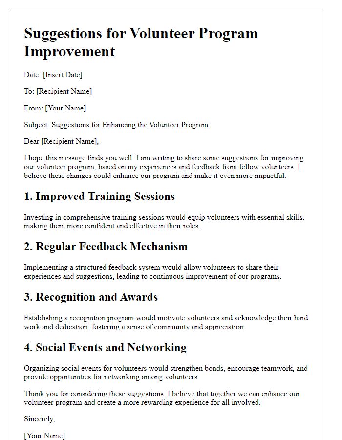 Letter template of suggestions for volunteer program improvement