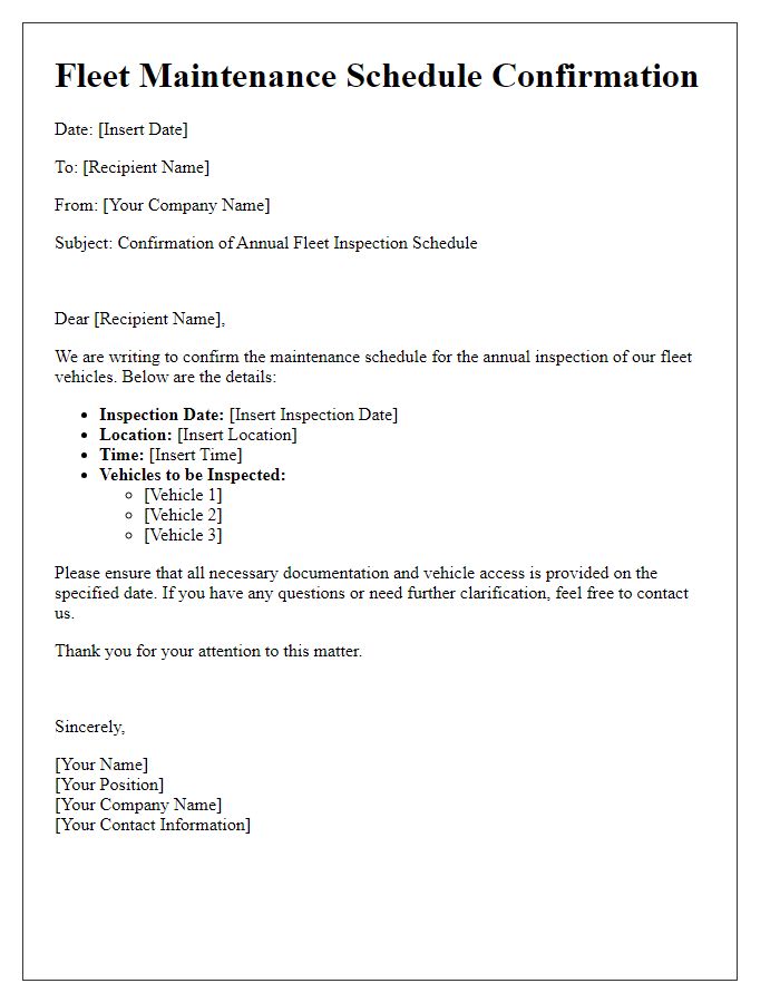 Letter template of fleet maintenance schedule confirmation for annual inspection.