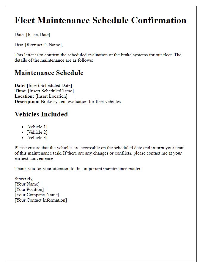 Letter template of fleet maintenance schedule confirmation for brake system evaluation.