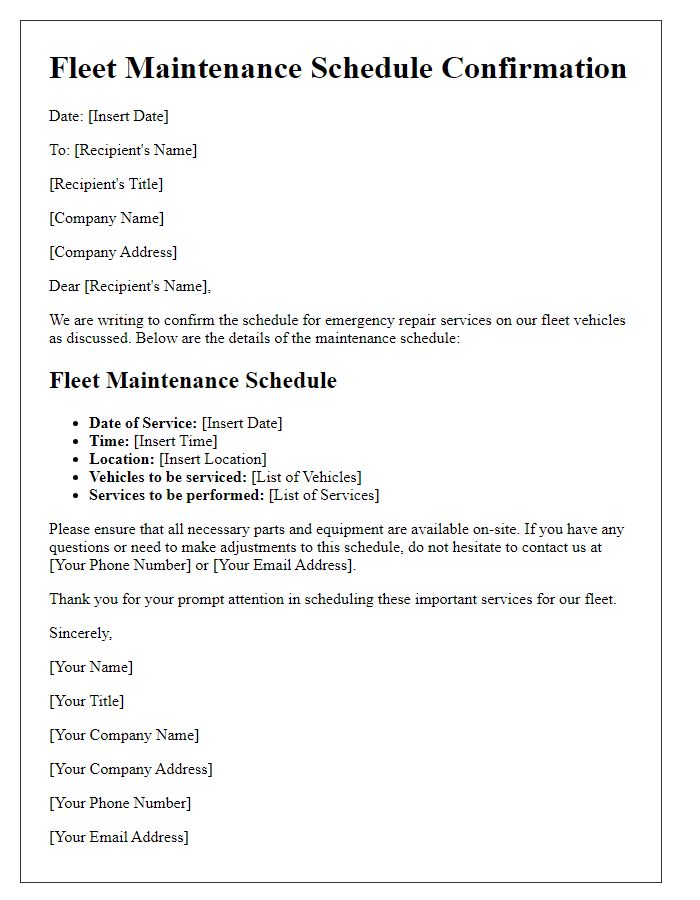 Letter template of fleet maintenance schedule confirmation for emergency repair services.