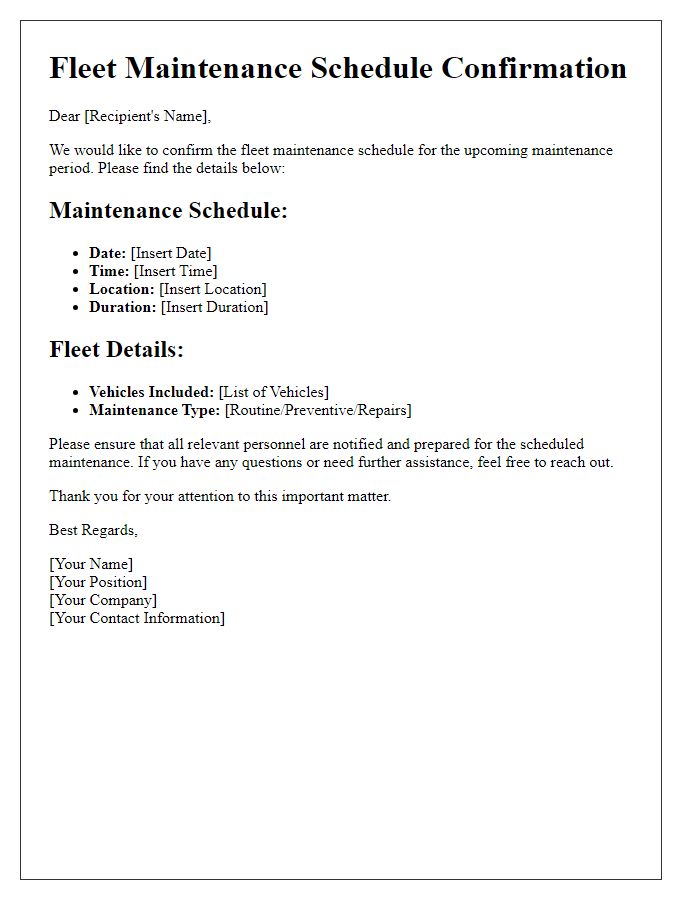 Letter template of fleet maintenance schedule confirmation for fleet-wide maintenance notifications.