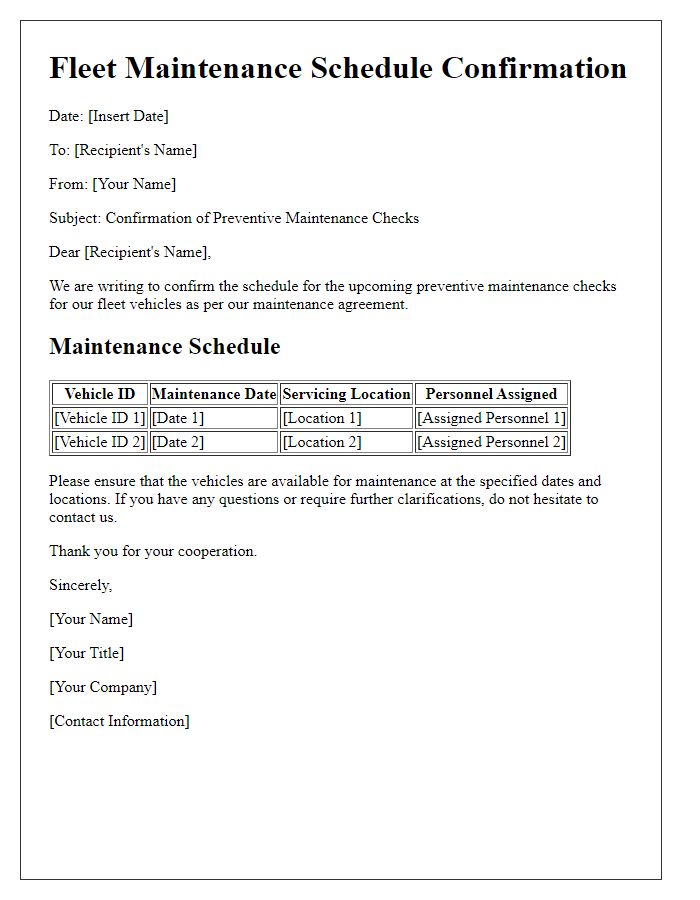 Letter template of fleet maintenance schedule confirmation for preventive maintenance checks.