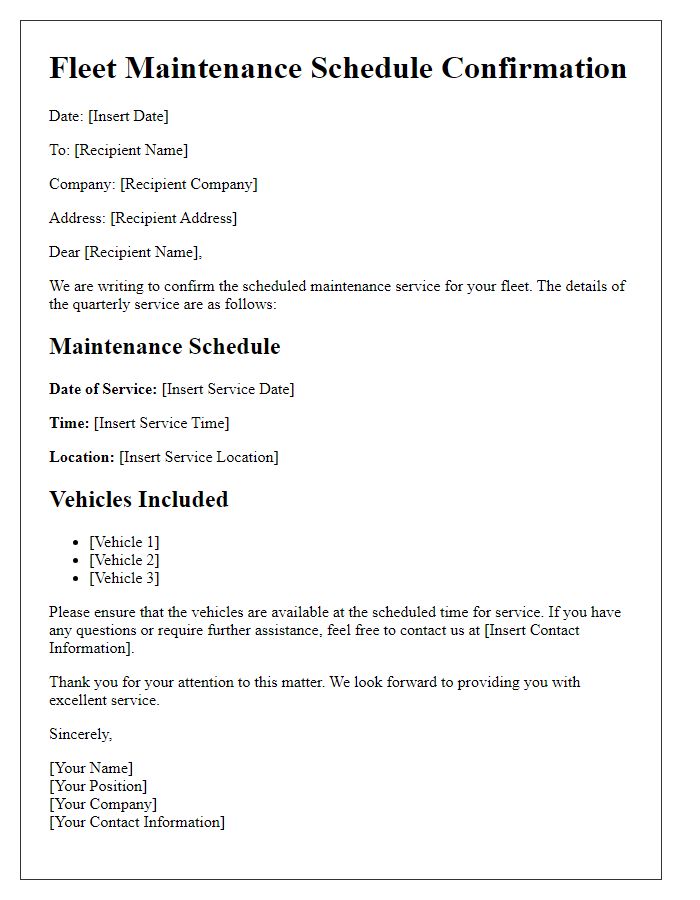 Letter template of fleet maintenance schedule confirmation for quarterly service.