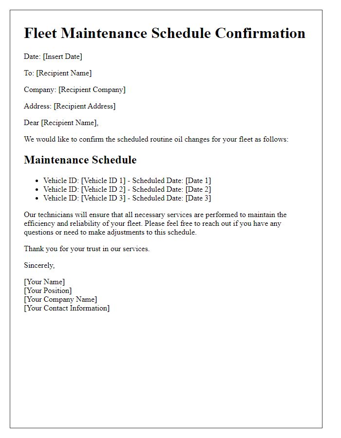 Letter template of fleet maintenance schedule confirmation for routine oil changes.