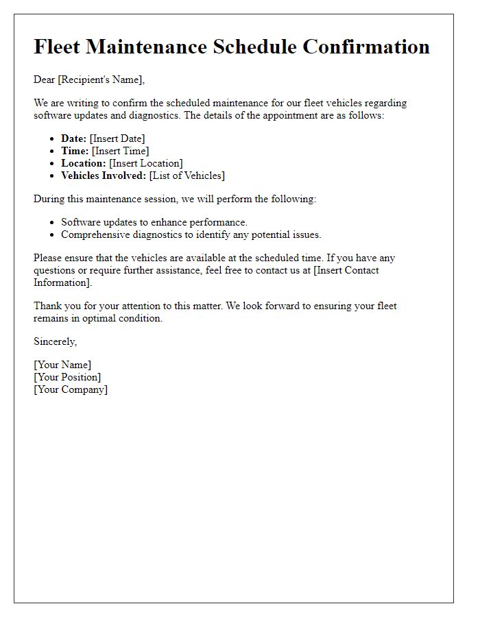 Letter template of fleet maintenance schedule confirmation for software updates and diagnostics.