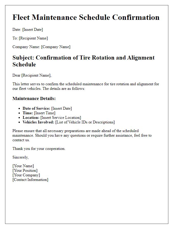 Letter template of fleet maintenance schedule confirmation for tire rotation and alignment.