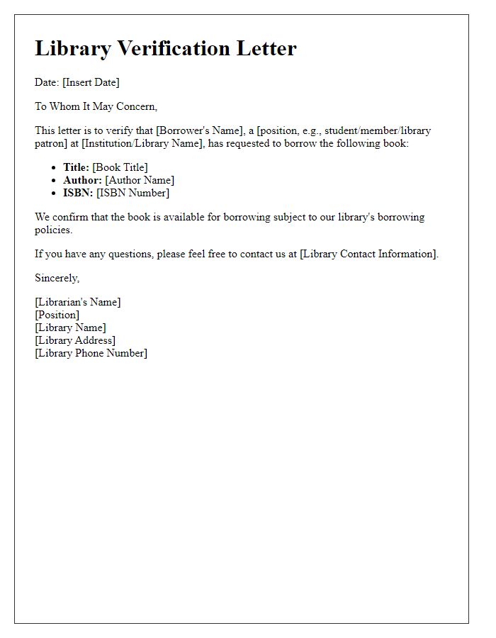 Letter template of verification for borrowed book request