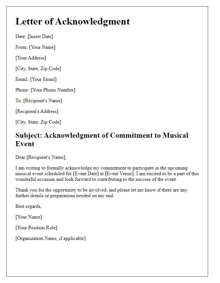 Letter template of acknowledgment for committing to the musical event.