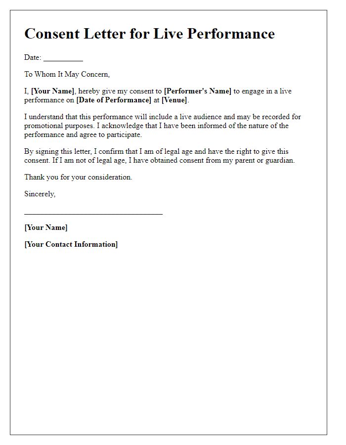 Letter template of consent for engaging in the live performance.