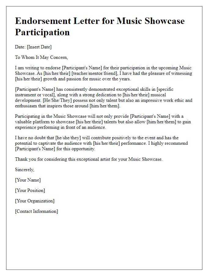 Letter template of endorsement for participation in the music showcase.