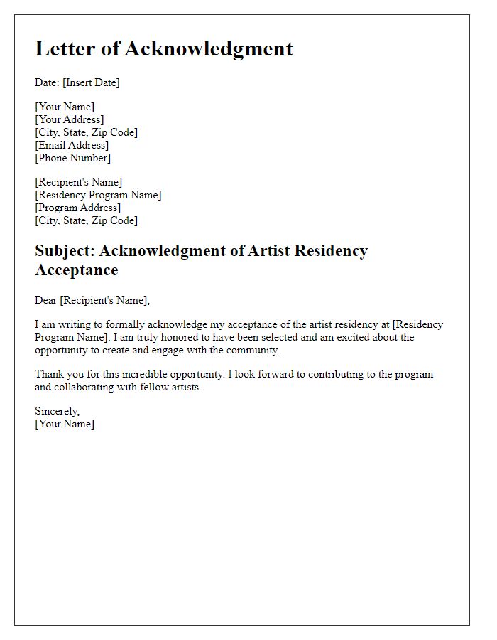 Letter template of acknowledgment of artist residency acceptance