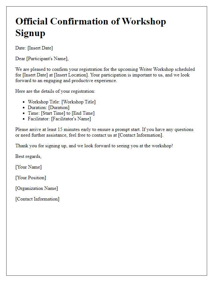 Letter template of official confirmation for writer workshop signup.