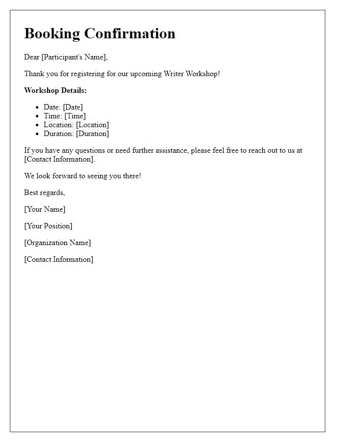 Letter template of writer workshop booking confirmation.