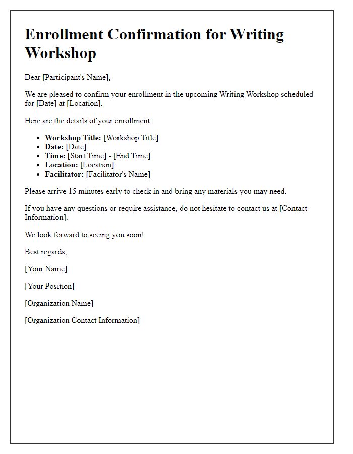 Letter template of writer workshop enrollment confirmation.