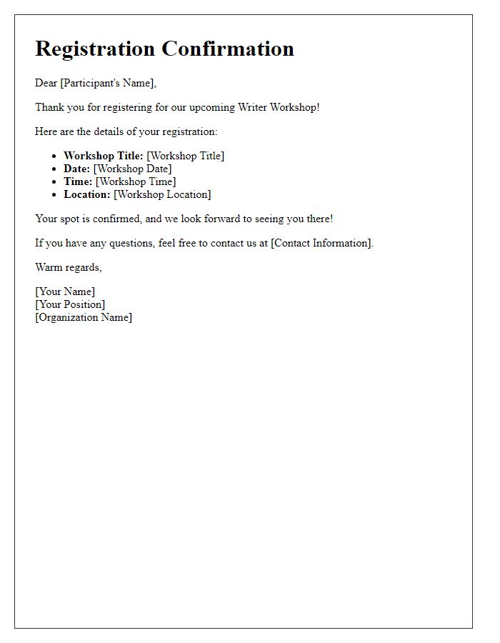 Letter template of writer workshop registration confirmation.