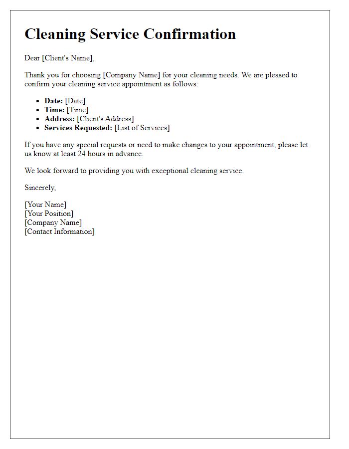 Letter template of cleaning service confirmation for residential property