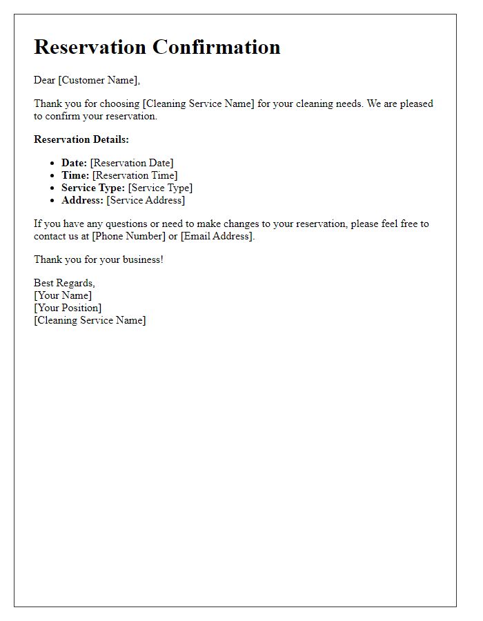 Letter template of cleaning service reservation confirmation