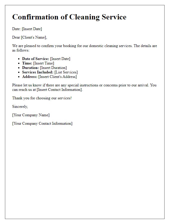 Letter template of confirmation for domestic cleaning service