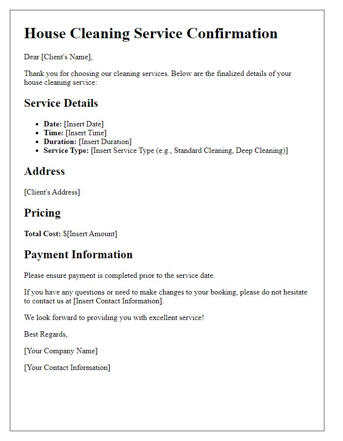 Letter template of finalized house cleaning service details