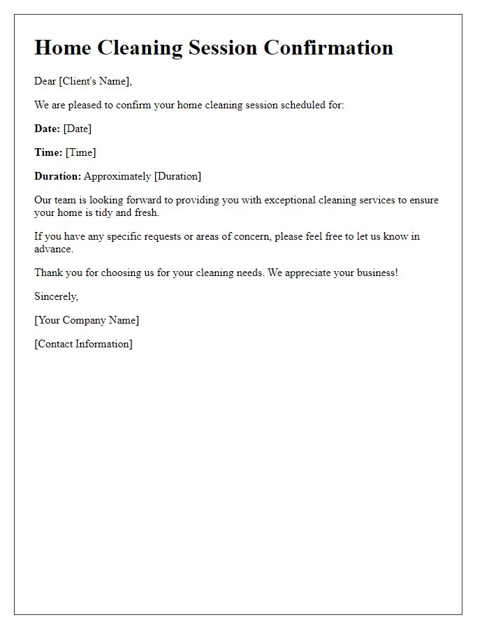 Letter template of home cleaning session confirmation