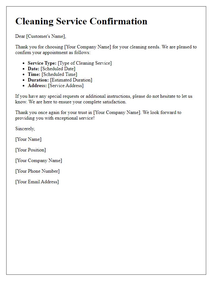 Letter template of professional cleaning service confirmation